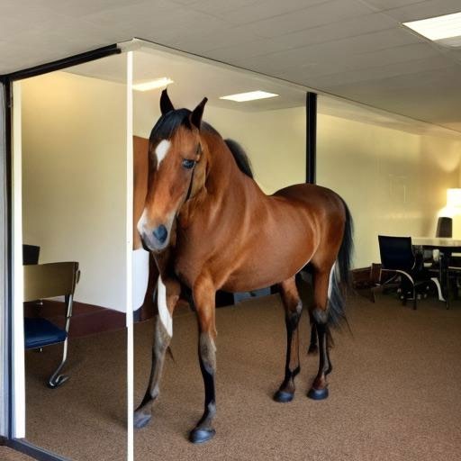 Horse in an office, artwork accompanying Business Bowl III