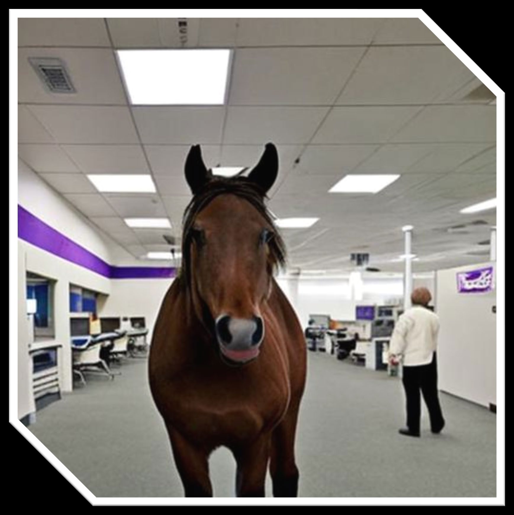 Horse in a FedEx office, artwork accompanying Business Bowl V