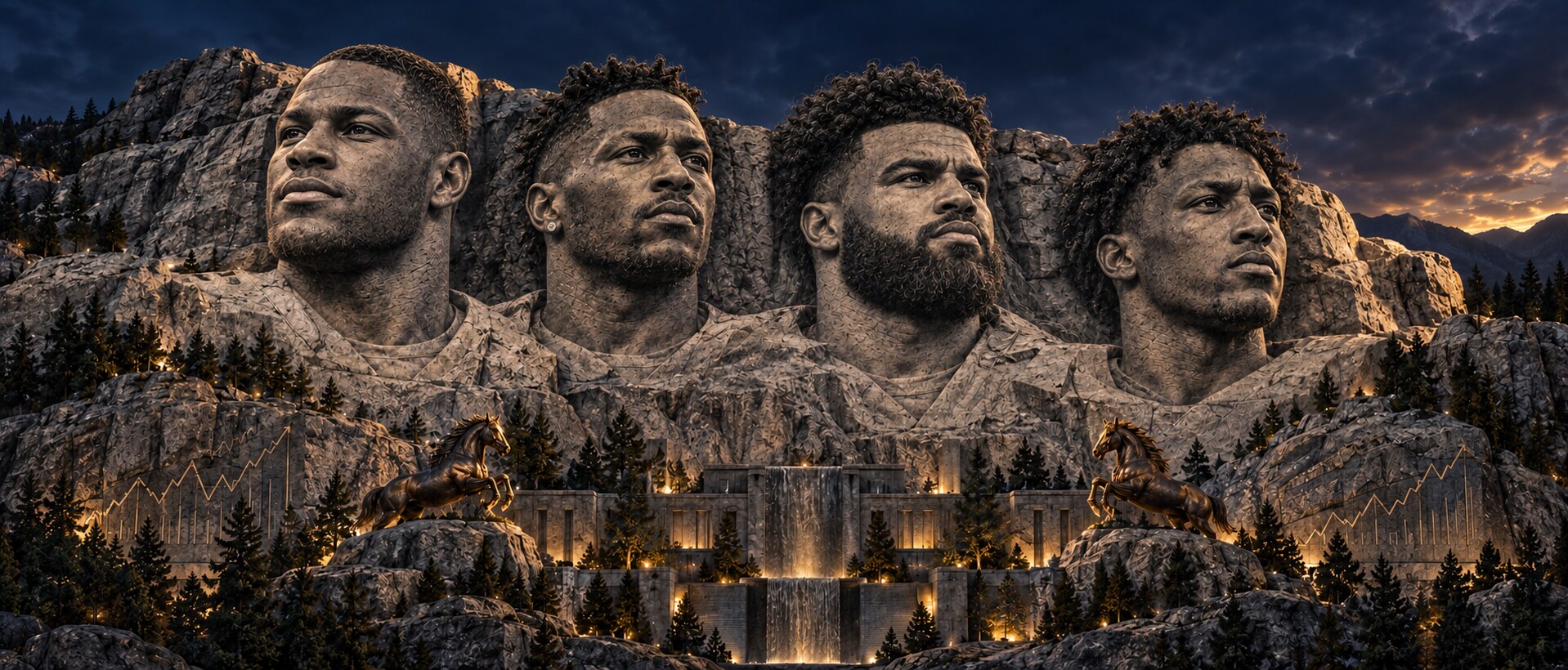 Le'Veon Bell, Antonio Brown, Ezekiel Elliott, Michael Thomas carved into the Business Horse Franchise Mount Rushmore